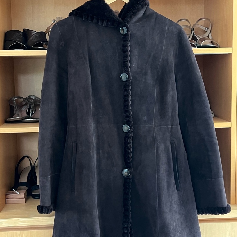 Chocolate Brown hooded suede coat with sheared mink lining